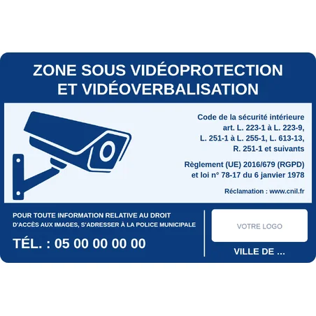 Panneau zone sous vidéoprotection et vidéoverbalisation personnalisé pour commune