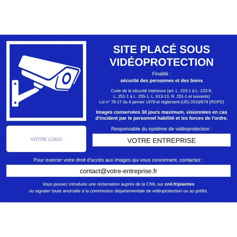 Affichette vidéoprotection RGPD personnalisée avec logo