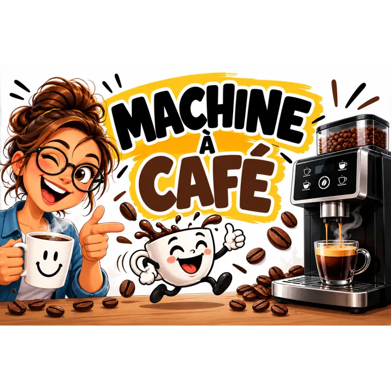 Panneau Machine à café illustré d'une femme souriante tenant une tasse, d'une tasse animée et d'une machine à expresso