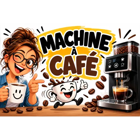 Panneau Machine à café illustré d'une femme souriante tenant une tasse, d'une tasse animée et d'une machine à expresso