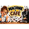 Panneau Machine à café illustré d'une femme souriante tenant une tasse, d'une tasse animée et d'une machine à expresso