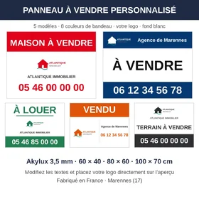 Panneau à vendre personnalisé : 5 modèles, couleur des bandeaux au choix, votre logo