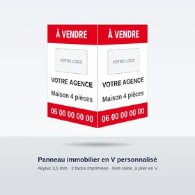 Panneau immobilier en V personnalisé, double face, modèle Bandeaux haut et bas