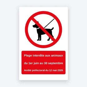 Panneau plage interdite aux animaux personnalisé — dates et arrêté