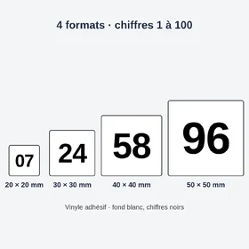 Étiquettes chiffres adhésives — 4 formats de 20 à 50 mm