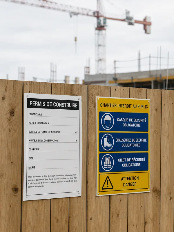 Panneau d'alarme et caméra sur un poteau, à l'entrée d'un site