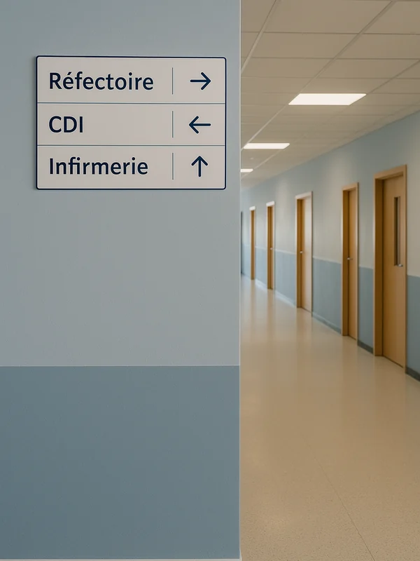 Panneau directionnel à trois destinations — réfectoire, CDI, infirmerie — dans le couloir d'un établissement scolaire