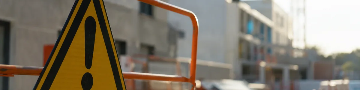 Panneau de danger triangulaire jaune à point d'exclamation, posé sur une barrière de chantier
