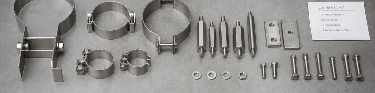Colliers de fixation, brides, entretoises et visserie pour poser un panneau sur poteau ou sur mur