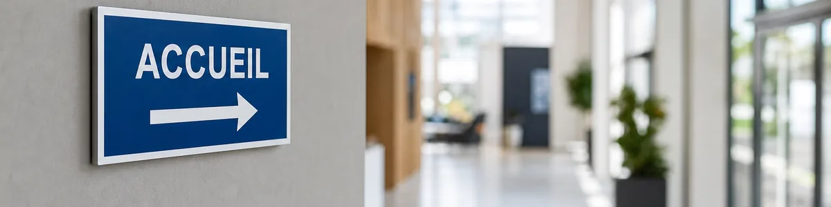 Panneau d'information bleu « Accueil » avec flèche directionnelle blanche, dans un hall d'entrée