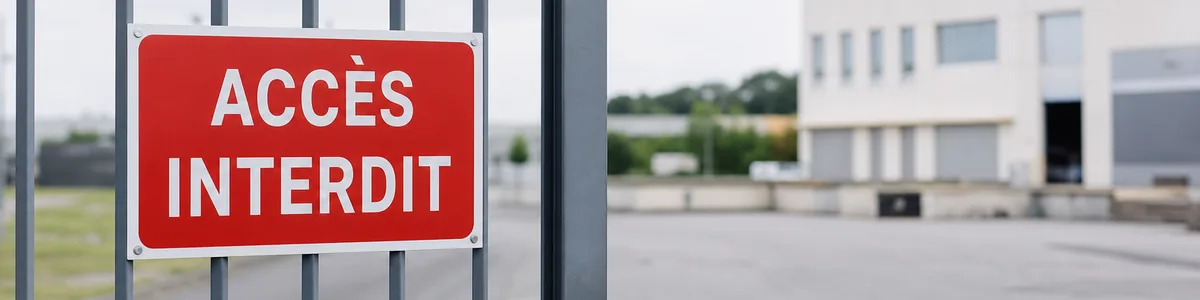 Panneau d'interdiction rouge « Accès interdit » fixé sur une clôture devant un bâtiment