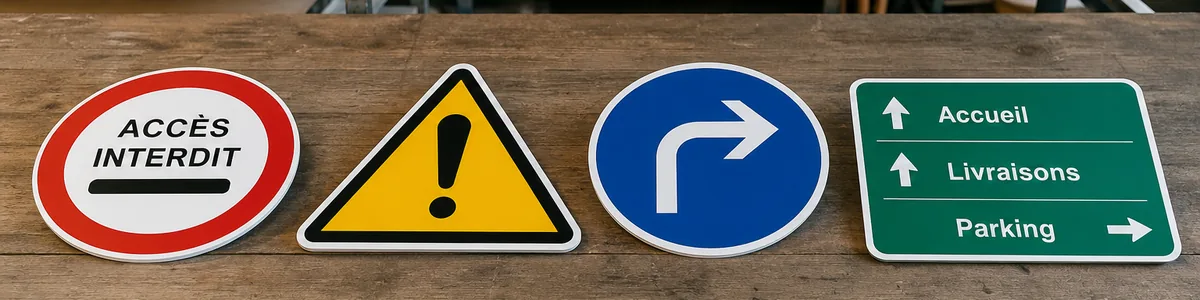 Quatre panneaux de chantier alignés : accès interdit, danger, direction obligatoire et panneau directionnel accueil, livraisons, parking