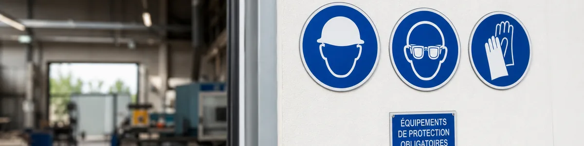 Trois pictogrammes EPI bleus — casque, lunettes, gants — au-dessus d'une plaque « Équipements de protection obligatoires »