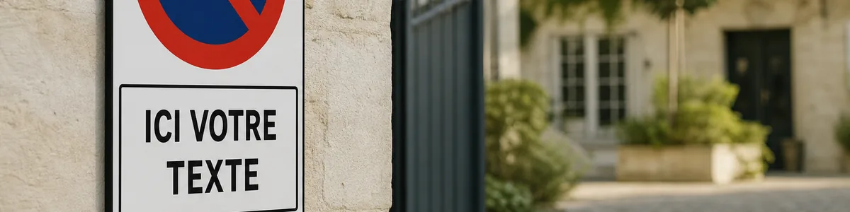 Panneau personnalisé vierge portant la mention « Ici votre texte », posé sur un portail
